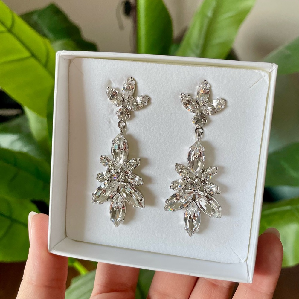 Silver Crystal Floral Dangle Earrings